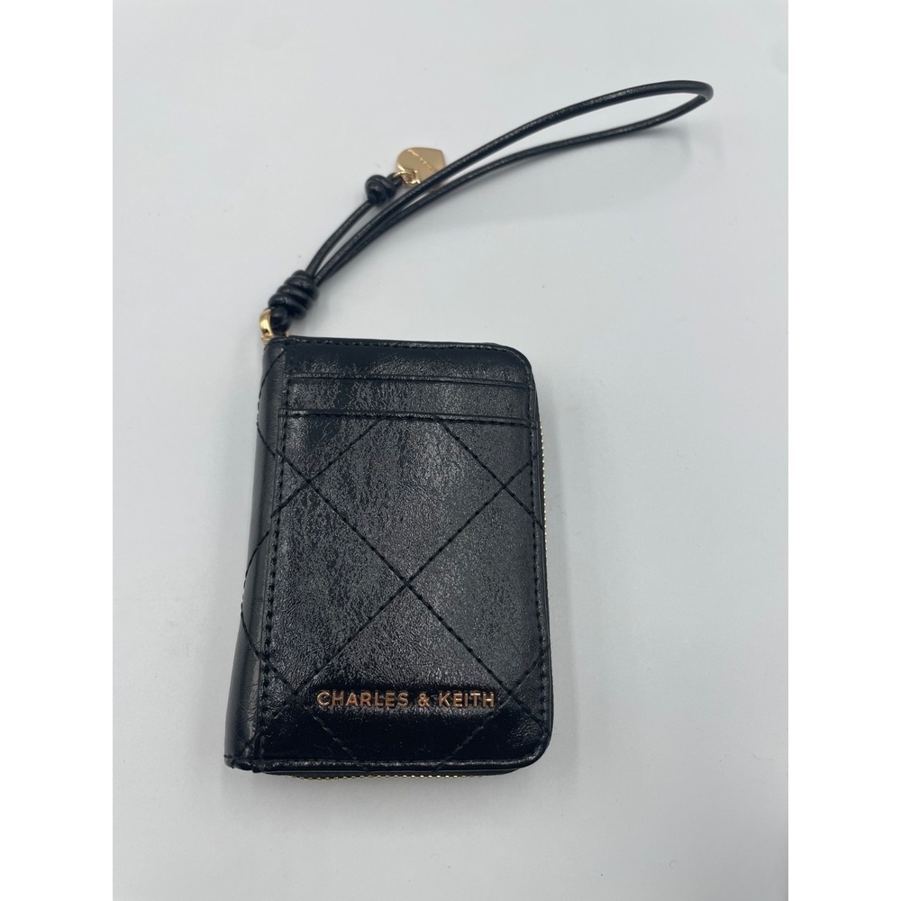 Charles & Keith Apfra Quilted Wristlet Wallet Black Polyester Zip-Around Closure